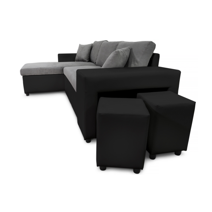 L200PAC - Canapé d'angle convertible coffre pouf et étagère en simili et microfibre