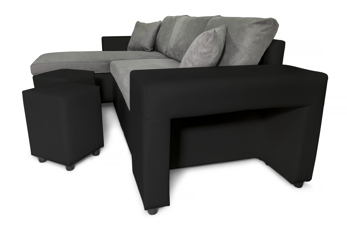 L200PAC - Canapé d'angle convertible coffre pouf et étagère en simili et microfibre