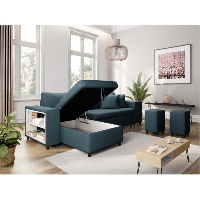 L200PAC - Canapé d'angle convertible coffre pouf et étagère en tissu