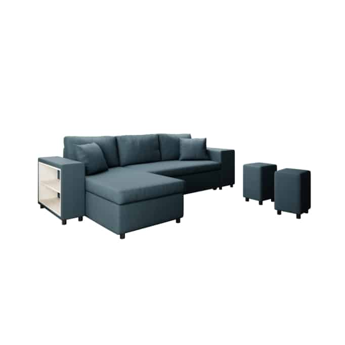 L200PAC - Canapé d'angle convertible coffre pouf et étagère en tissu