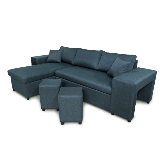 L200PAC - Canapé d'angle convertible coffre pouf et étagère en tissu