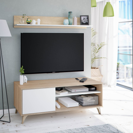 Meuble TV 2 niches et 1 porte avec son étagère murale