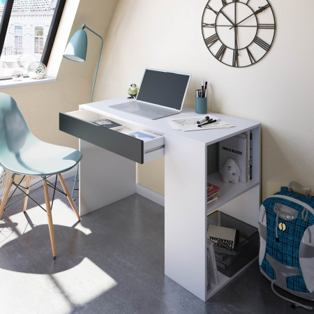 Bureau avec tiroir et fonction étagère intégrée blanc et gris