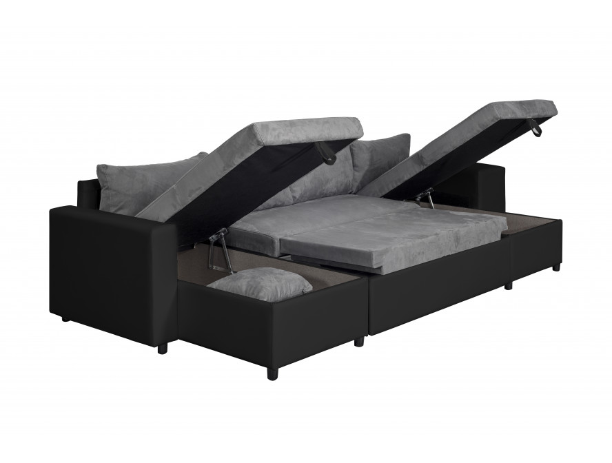 L200U PLUS - Canapé panoramique convertible avec 2 coffres et 2 poufs en simili et tissu