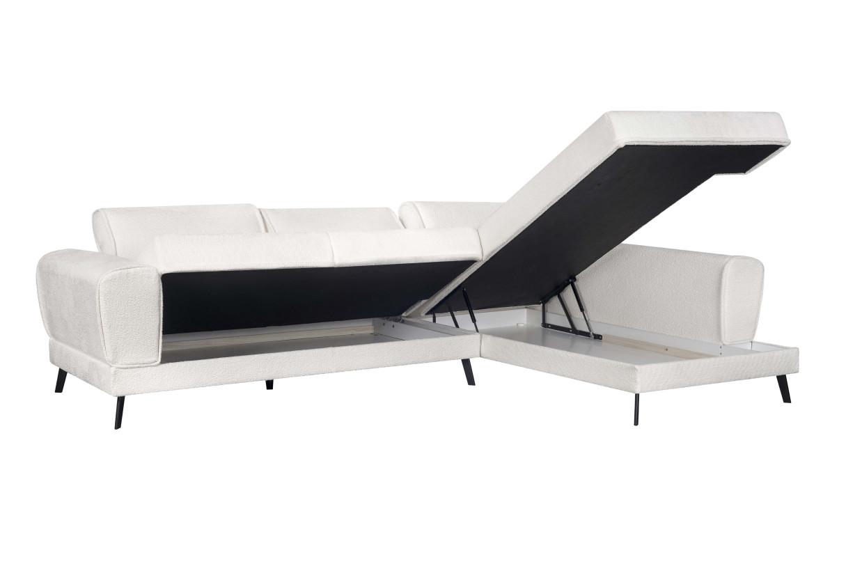 IMPERIAL - Canapé d'angle convertible avec 2 coffres pieds métal noir en tissu bouclette