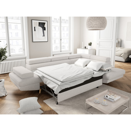 RIO SCANDINAVE - Canapé d'angle convertible avec coffre pieds bois en tissu bouclette