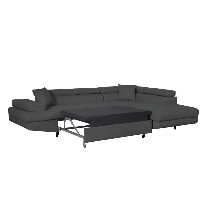 MATEO L - Canapé d'angle convertible avec coffre pieds bois noir en tissu