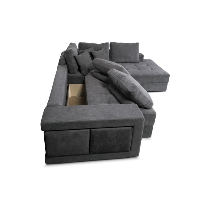 TAMINA - Canapé d'angle convertible avec 2 poufs et coffre en tissu