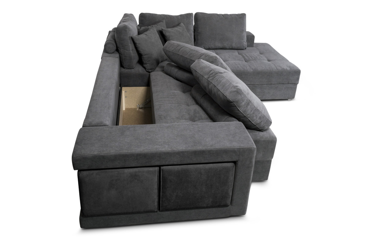 TAMINA - Canapé d'angle convertible avec 2 poufs et coffre en tissu