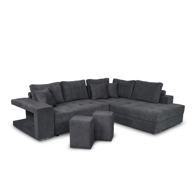 TAMINA - Canapé d'angle convertible avec 2 poufs et coffre en tissu