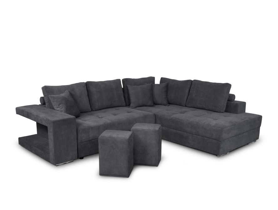 TAMINA - Canapé d'angle convertible avec 2 poufs et coffre en tissu