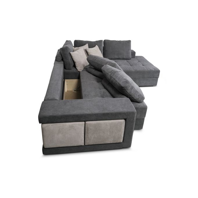 TAMINA - Canapé d'angle convertible avec 2 poufs et coffre en tissu