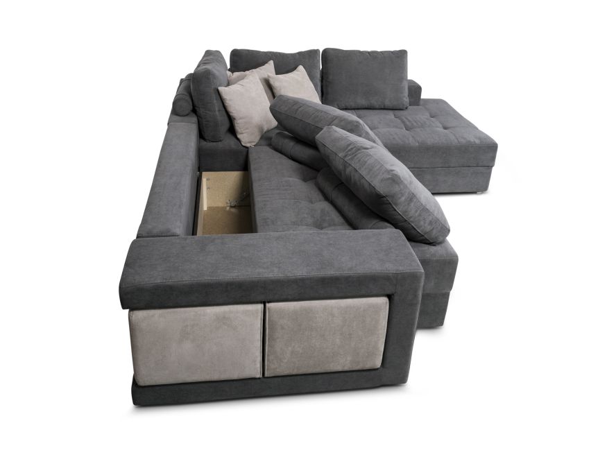 TAMINA - Canapé d'angle convertible avec 2 poufs et coffre en tissu