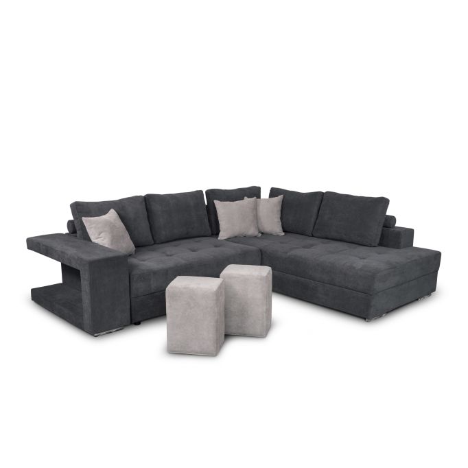 TAMINA - Canapé d'angle convertible avec 2 poufs et coffre en tissu