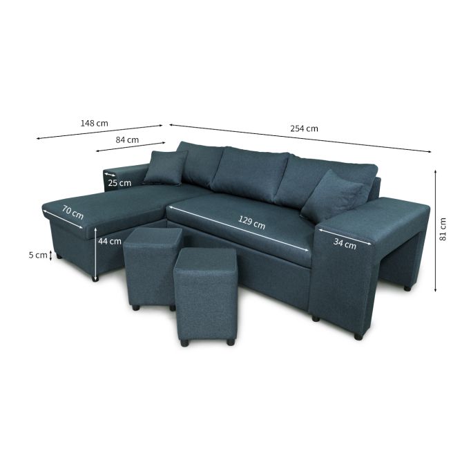 L200PAC - Canapé d'angle convertible coffre pouf et étagère en tissu