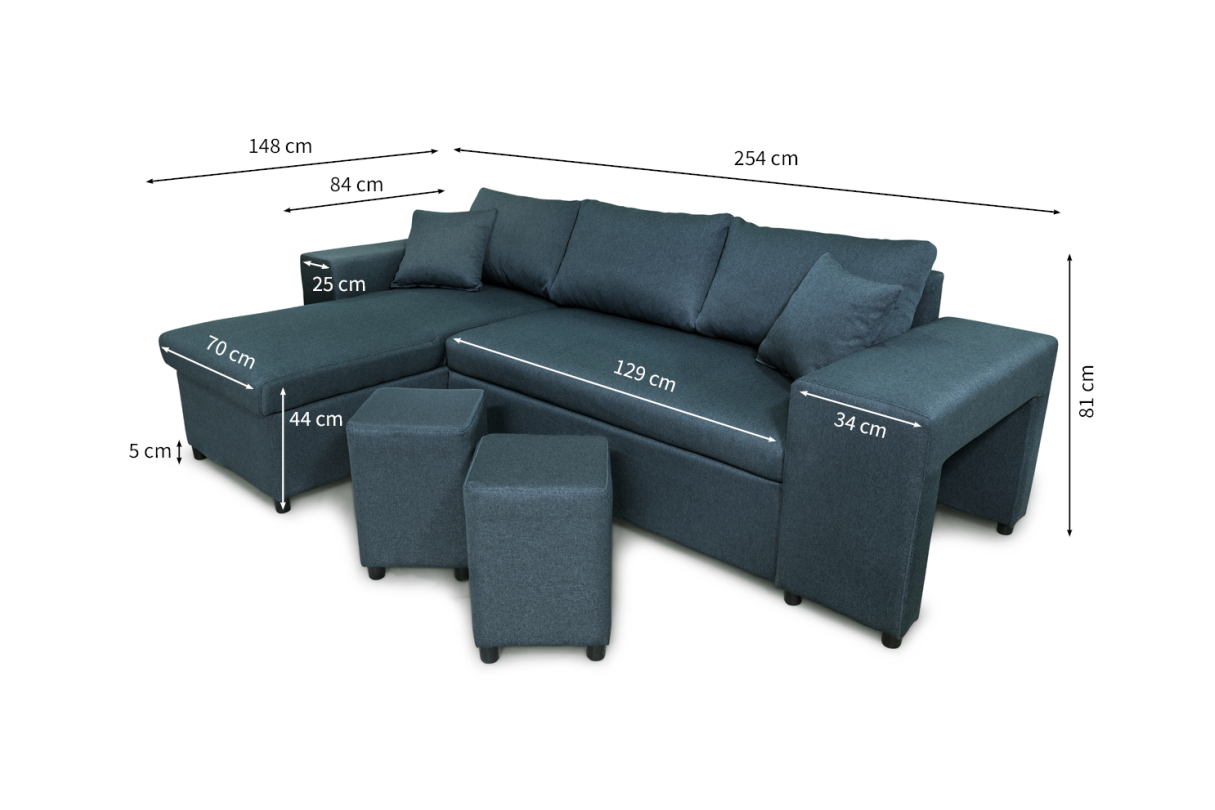 L200PAC - Canapé d'angle convertible coffre pouf et étagère en tissu