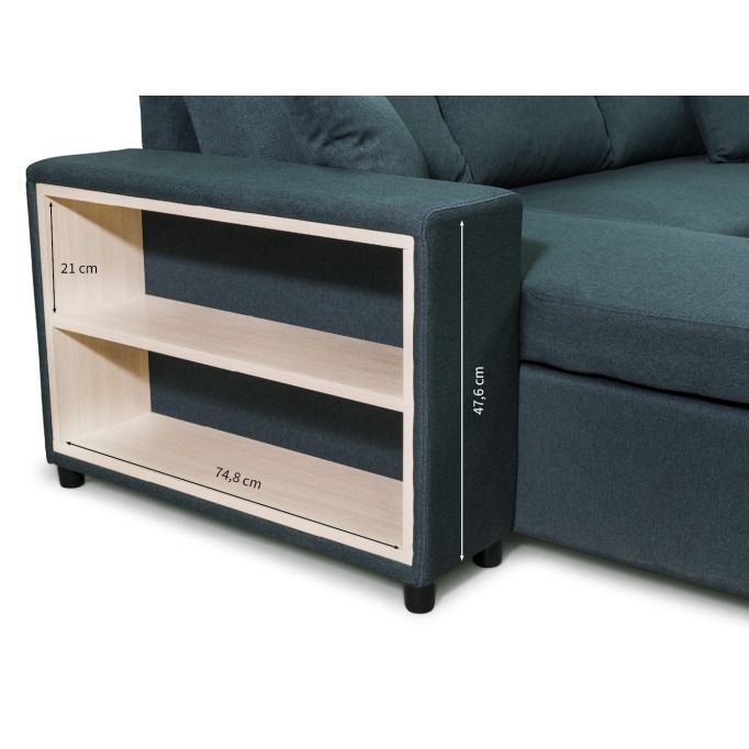 L200PAC - Canapé d'angle convertible coffre pouf et étagère en tissu