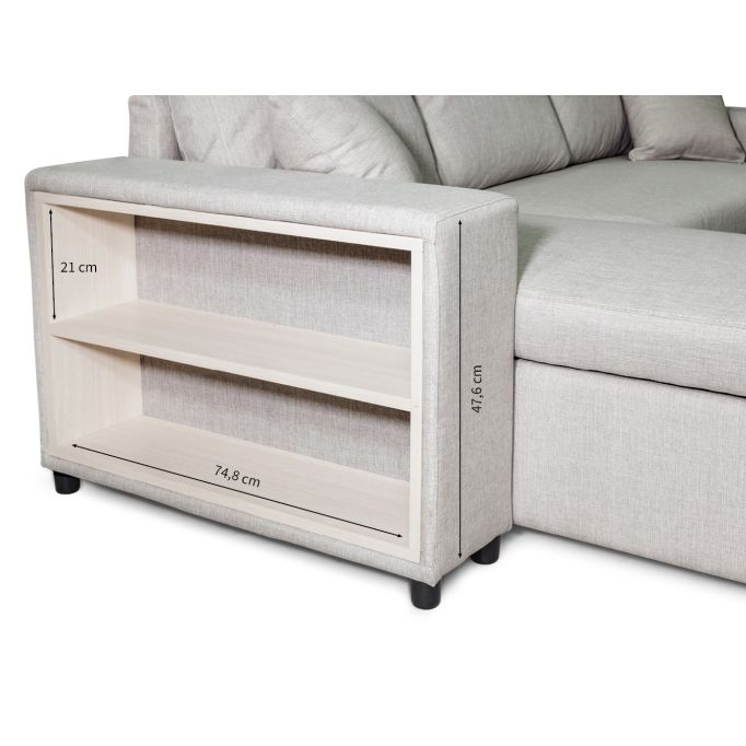 L200PAC - Canapé d'angle convertible coffre pouf et étagère en tissu