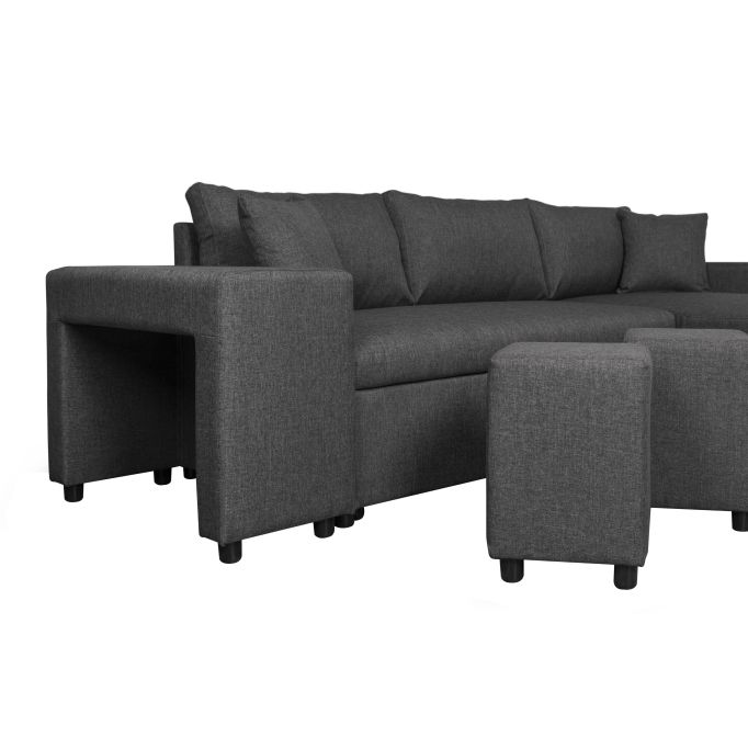 MARIA PLUS - Canapé d'angle réversible convertible avec coffre et 2 poufs en tissu