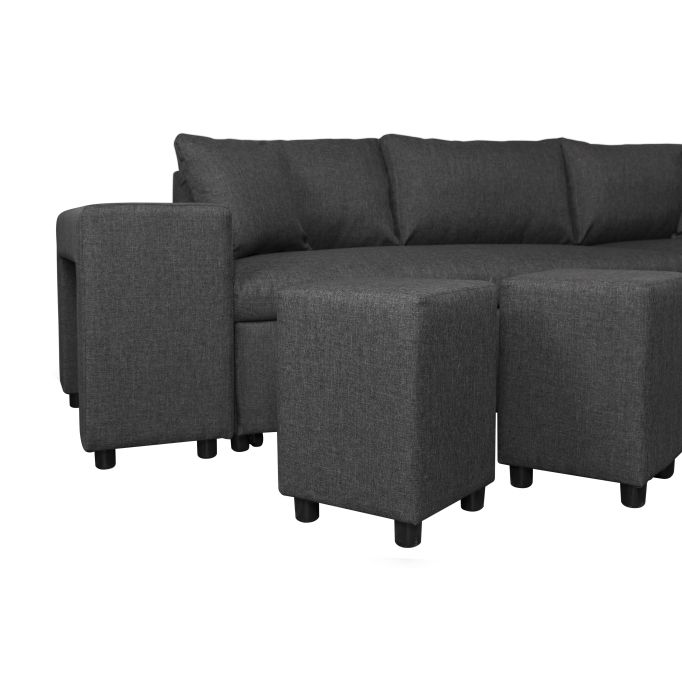 MARIA PLUS - Canapé d'angle réversible convertible avec coffre et 2 poufs en tissu