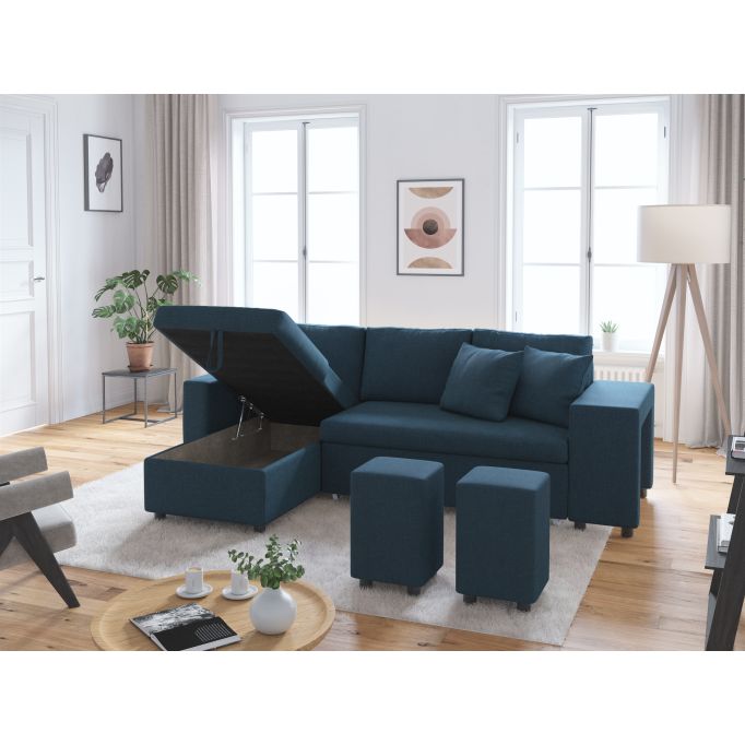 MARIA PLUS - Canapé d'angle réversible convertible avec coffre et 2 poufs en tissu