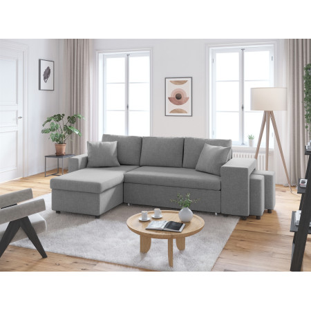 L200PLUS - Canapé d'angle réversible convertible avec coffre et 2 poufs en tissu