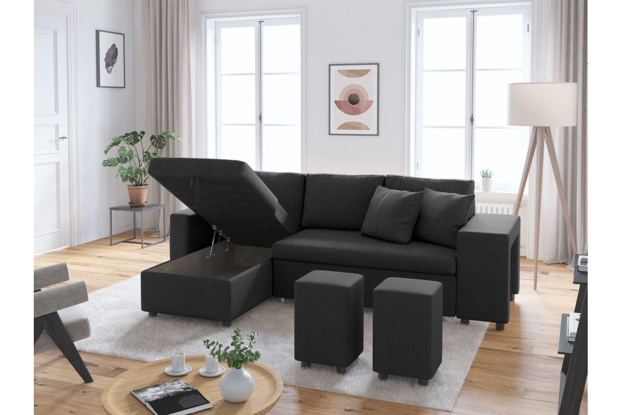 MARIA PLUS - Canapé d'angle réversible convertible avec coffre et 2 poufs en tissu