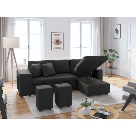 MARIA PLUS - Canapé d'angle réversible convertible avec coffre et 2 poufs en tissu