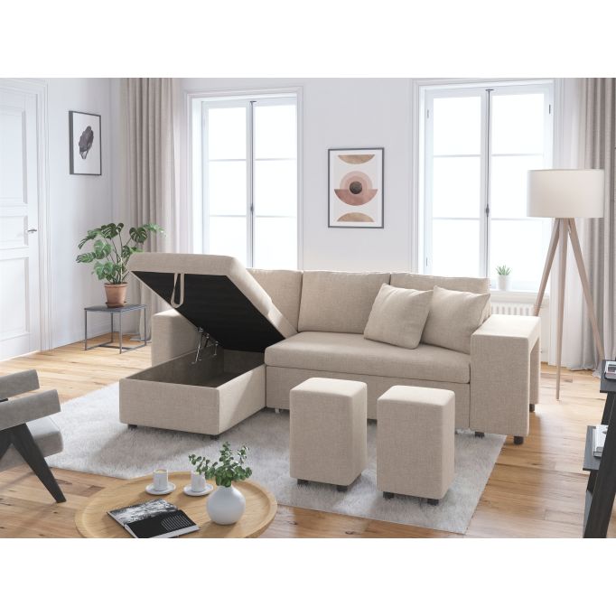 MARIA PLUS - Canapé d'angle réversible convertible avec coffre et 2 poufs en tissu