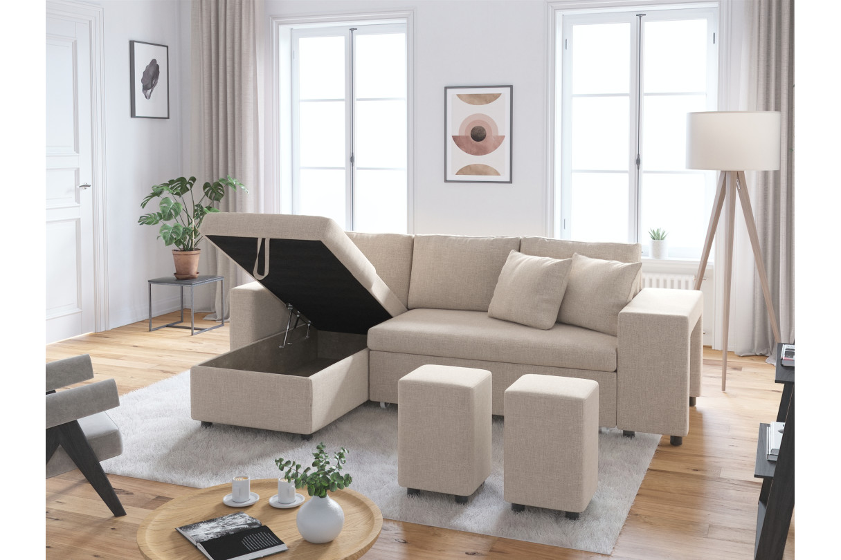 MARIA PLUS - Canapé d'angle réversible convertible avec coffre et 2 poufs en tissu