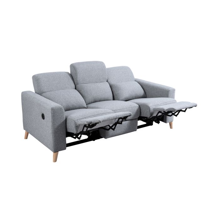 BERKAM - Canapé de relaxation électrique scandinave 3 places en tissu et pieds bois hêtre