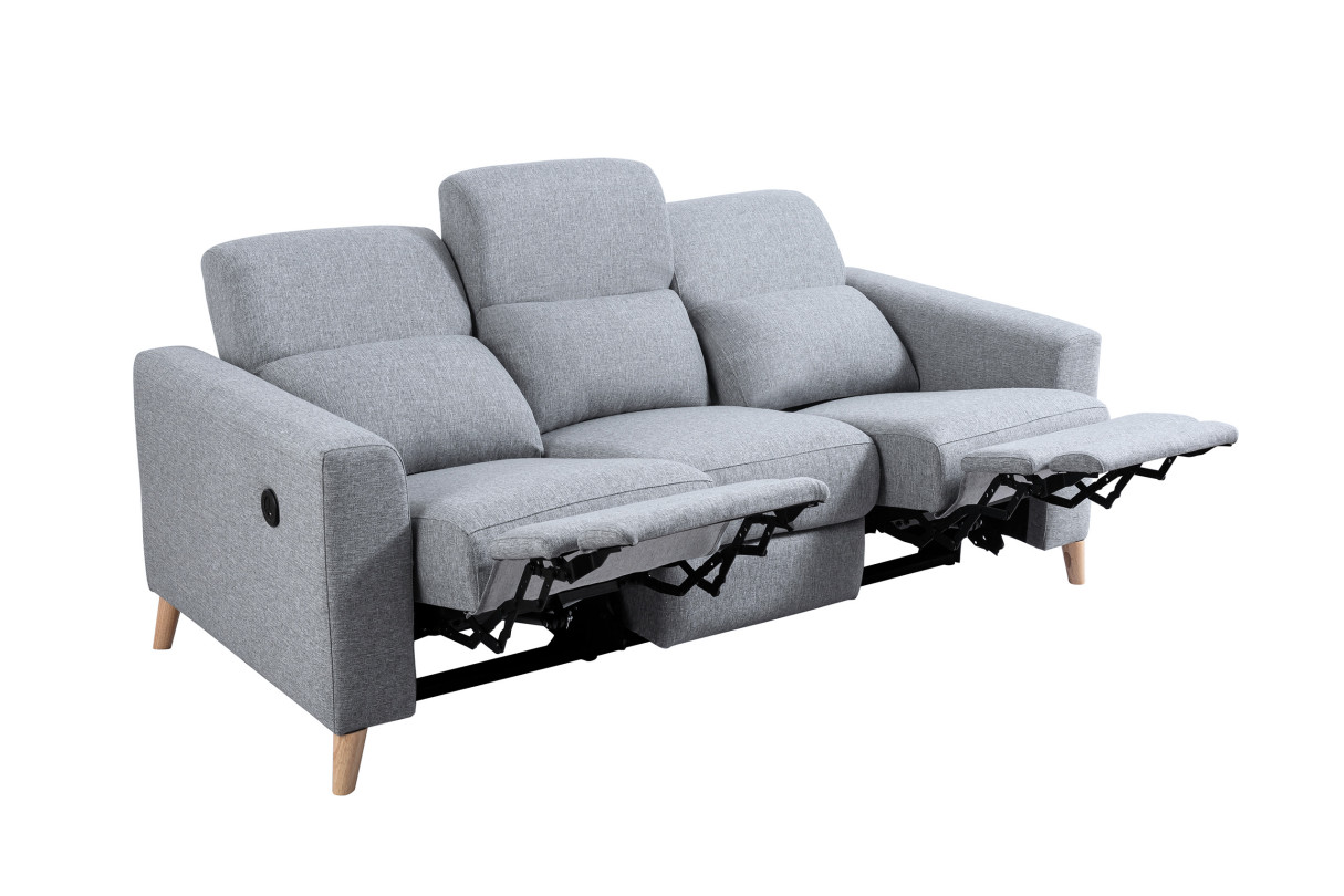 BERKAM - Canapé de relaxation électrique scandinave 3 places en tissu et pieds bois hêtre