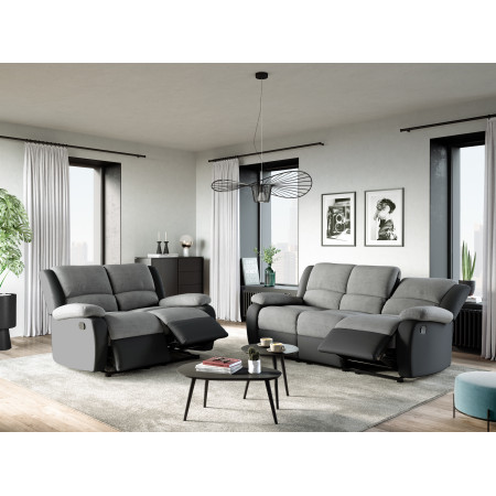 PACK - 9121 - Canapé relax 3pl et 2 pl en PU Noir MF Gris