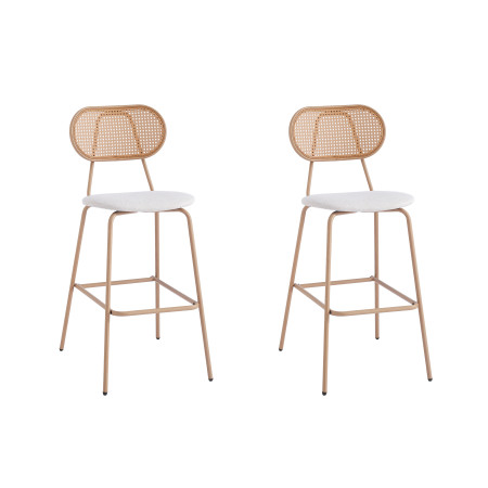 KANOPE - Lot de 2 tabourets de bar en cannage et assise tissu avec pieds métal