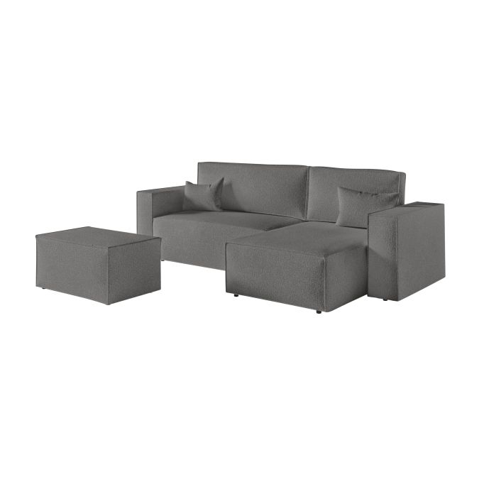 CHARLOTTE - Canapé d'angle convertible réversible avec pouf en tissu bouclette