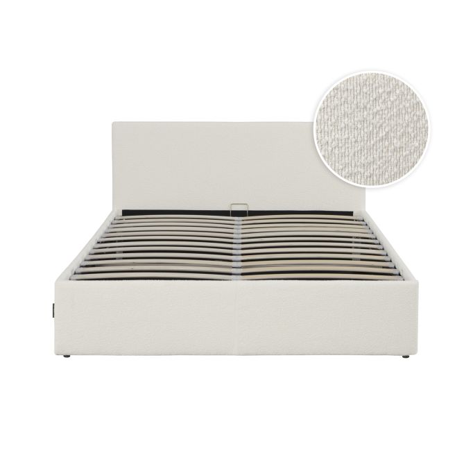 MAJESTIC - Cadre de lit avec coffre de rangement et tête de lit en tissu bouclette