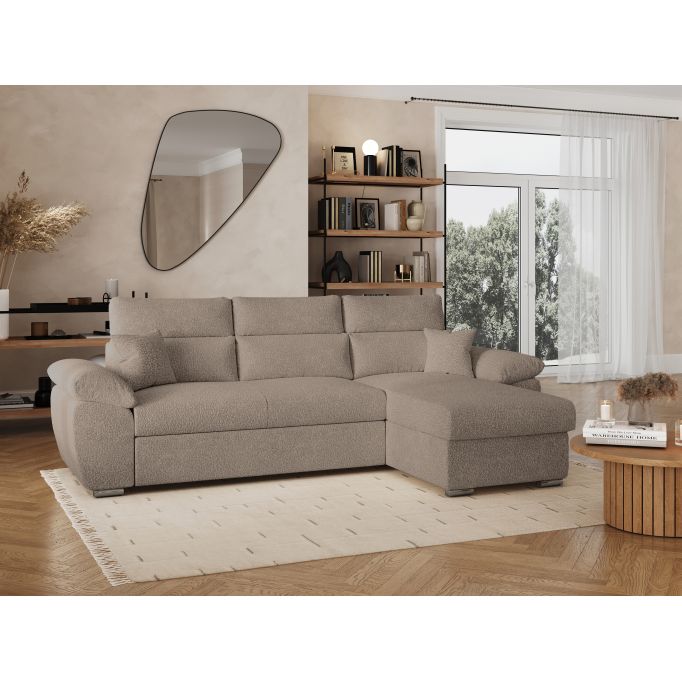 KOMECO - Canapé d'angle reversible convertible avec coffre et têtières réglables en tissu bouclettes