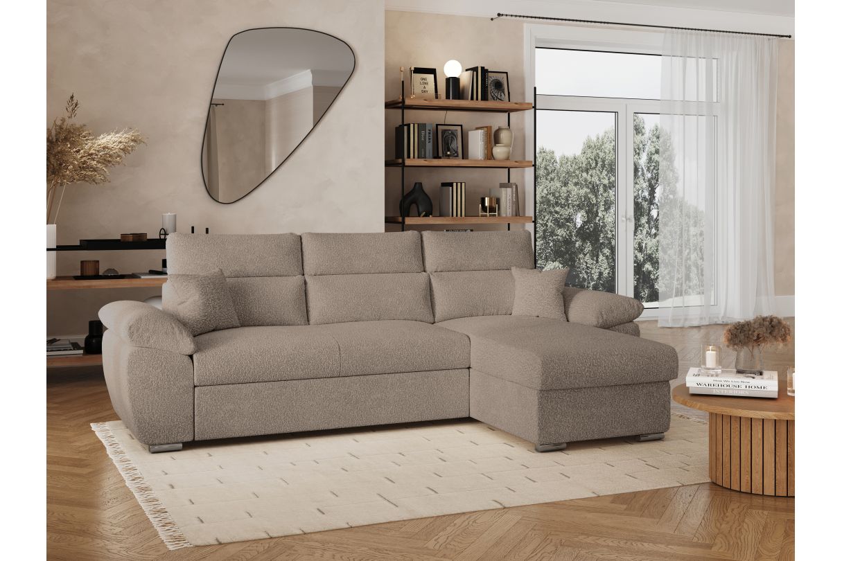 KOMECO - Canapé d'angle reversible convertible avec coffre et têtières réglables en tissu bouclettes