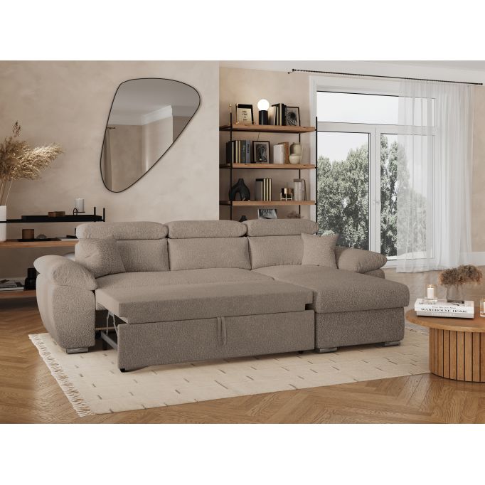 KOMECO - Canapé d'angle reversible convertible avec coffre et têtières réglables en tissu bouclettes