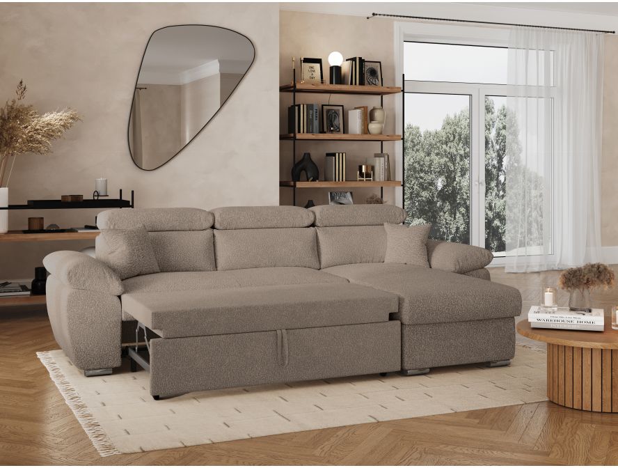 KOMECO - Canapé d'angle reversible convertible avec coffre et têtières réglables en tissu bouclettes