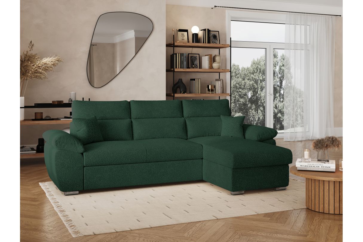 KOMECO - Canapé d'angle reversible convertible avec coffre et têtières réglables en tissu bouclettes