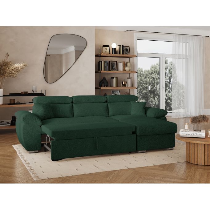 KOMECO - Canapé d'angle reversible convertible avec coffre et têtières réglables en tissu bouclettes