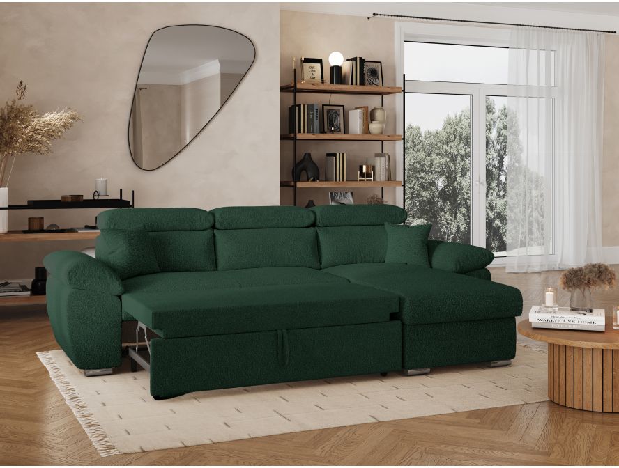 KOMECO - Canapé d'angle reversible convertible avec coffre et têtières réglables en tissu bouclettes