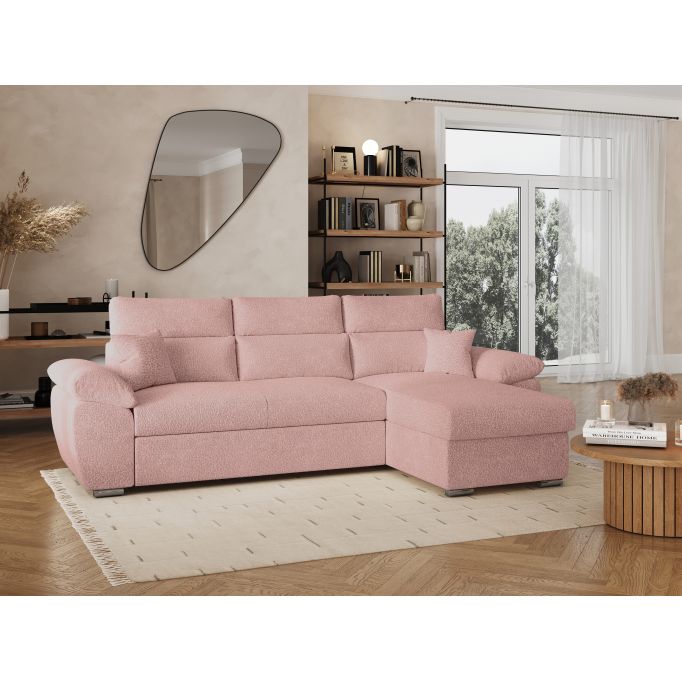 KOMECO - Canapé d'angle reversible convertible avec coffre et têtières réglables en tissu bouclettes