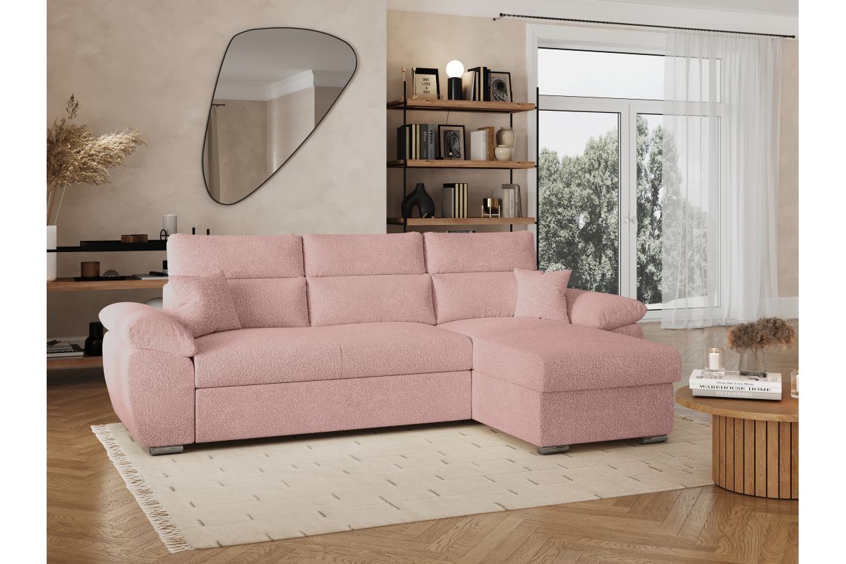 KOMECO - Canapé d'angle reversible convertible avec coffre et têtières réglables en tissu bouclettes