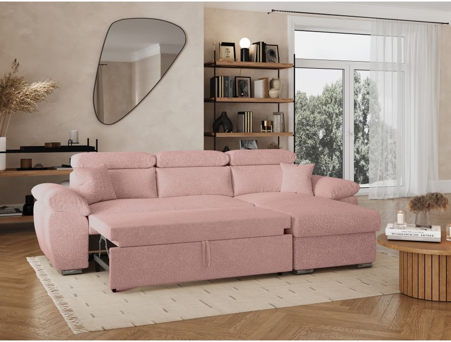 KOMECO - Canapé d'angle reversible convertible avec coffre et têtières réglables en tissu bouclettes