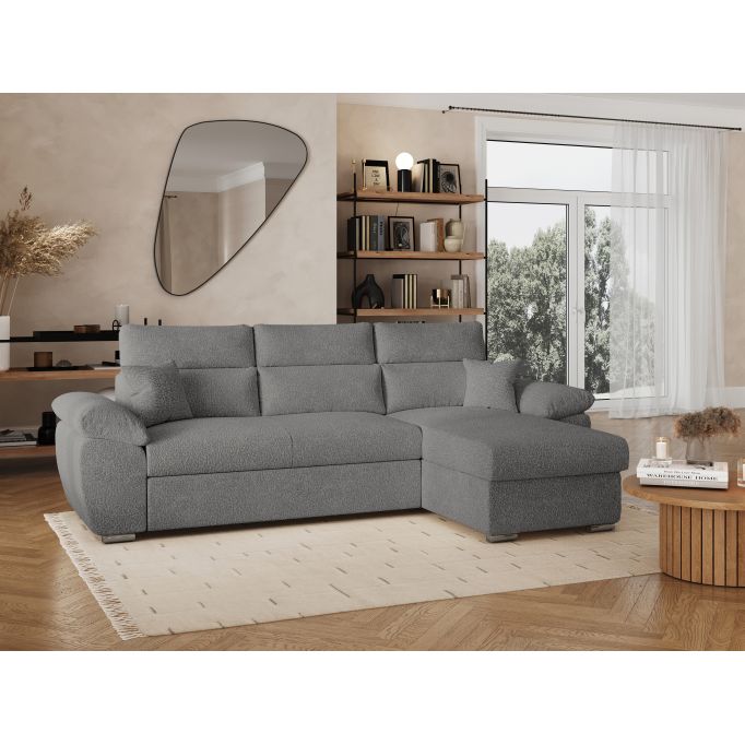 KOMECO - Canapé d'angle reversible convertible avec coffre et têtières réglables en tissu bouclettes