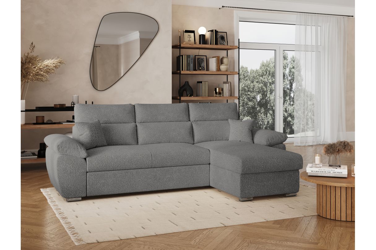 KOMECO - Canapé d'angle reversible convertible avec coffre et têtières réglables en tissu bouclettes