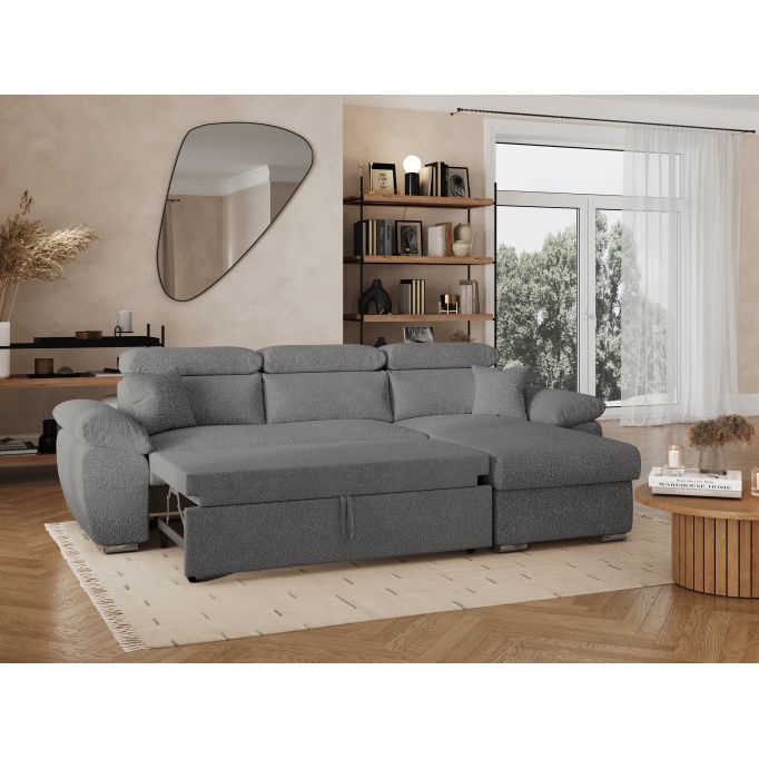 KOMECO - Canapé d'angle reversible convertible avec coffre et têtières réglables en tissu bouclettes