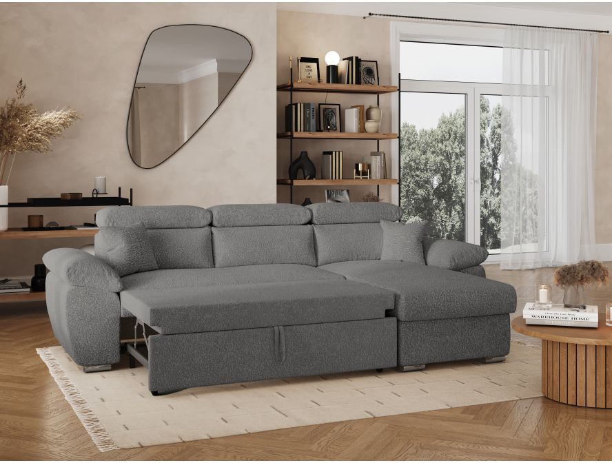 KOMECO - Canapé d'angle reversible convertible avec coffre et têtières réglables en tissu bouclettes